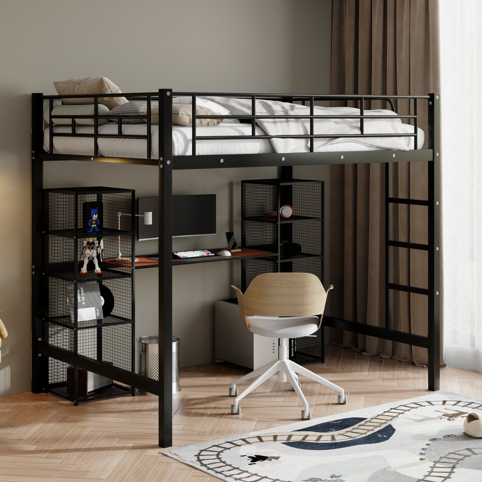 Full Size Metal Loft Bed with Built in Desk Shelves Kids Loft Bed Frame w Guardrails Ladder for Kids Teen Black Brown Bed Bath Beyond 41309041